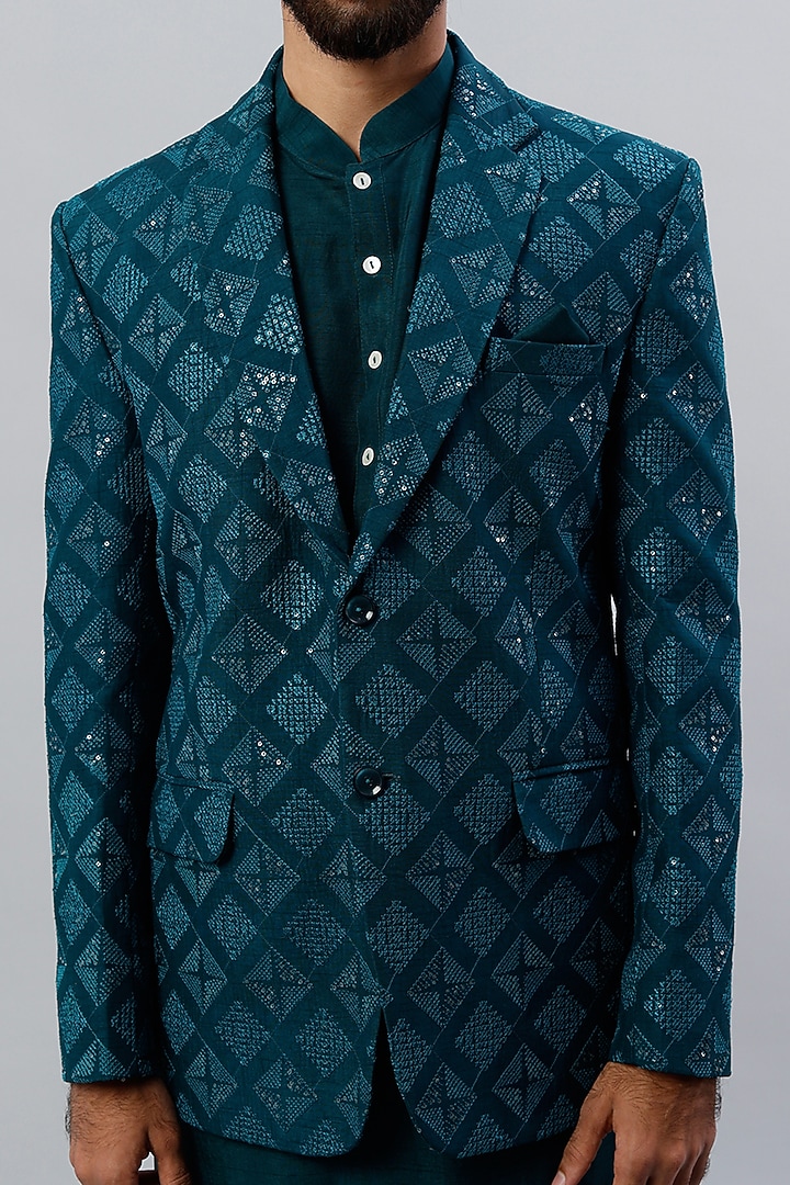 Teal Green Embroidered Blazer Set by ALOUKIK at Pernia's Pop Up Shop