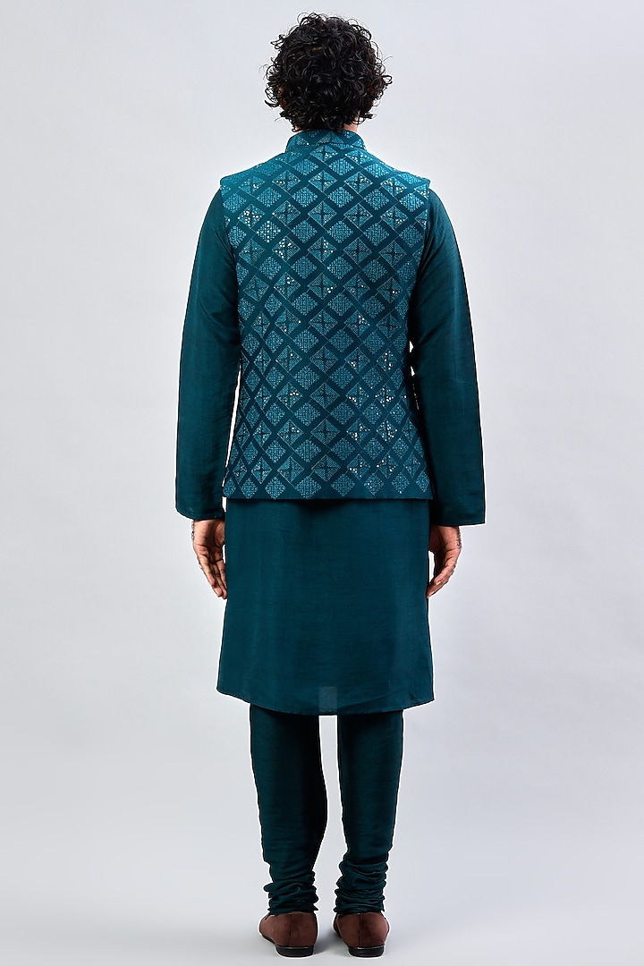 Teal Green Spun Cotton Sequin Embroidered Nehru Jacket Set by ALOUKIK at Pernia's Pop Up Shop