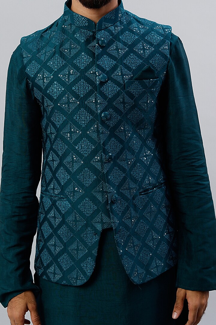 Teal Green Spun Cotton Sequin Embroidered Nehru Jacket Set by ALOUKIK at Pernia's Pop Up Shop