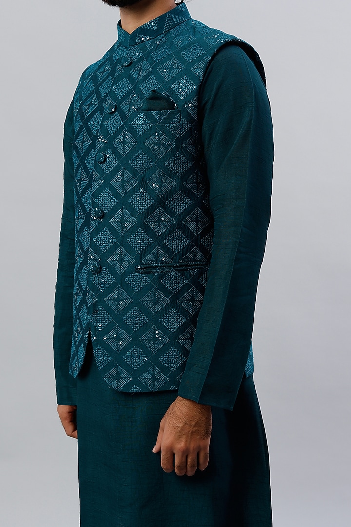 Teal Green Spun Cotton Sequin Embroidered Nehru Jacket Set by ALOUKIK at Pernia's Pop Up Shop