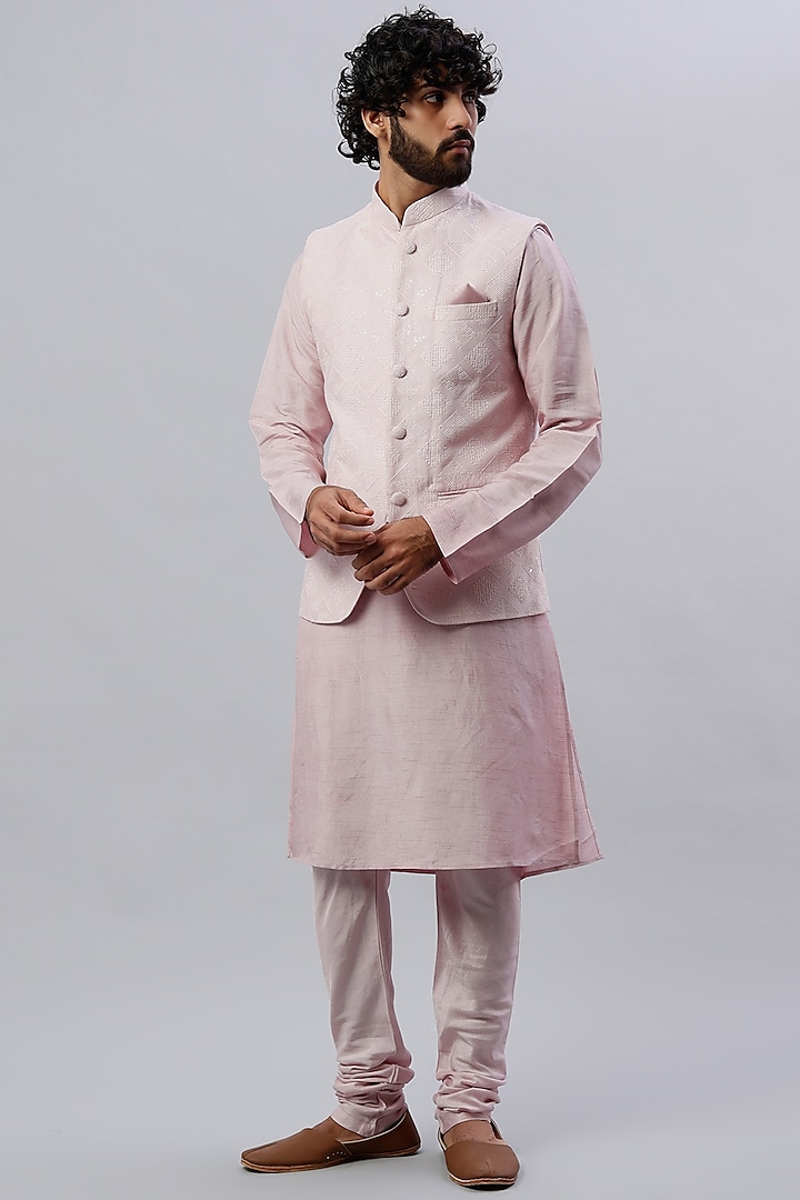 Powder Pink Spun Nehru Jacket With Kurta Set by SAMMOHAN