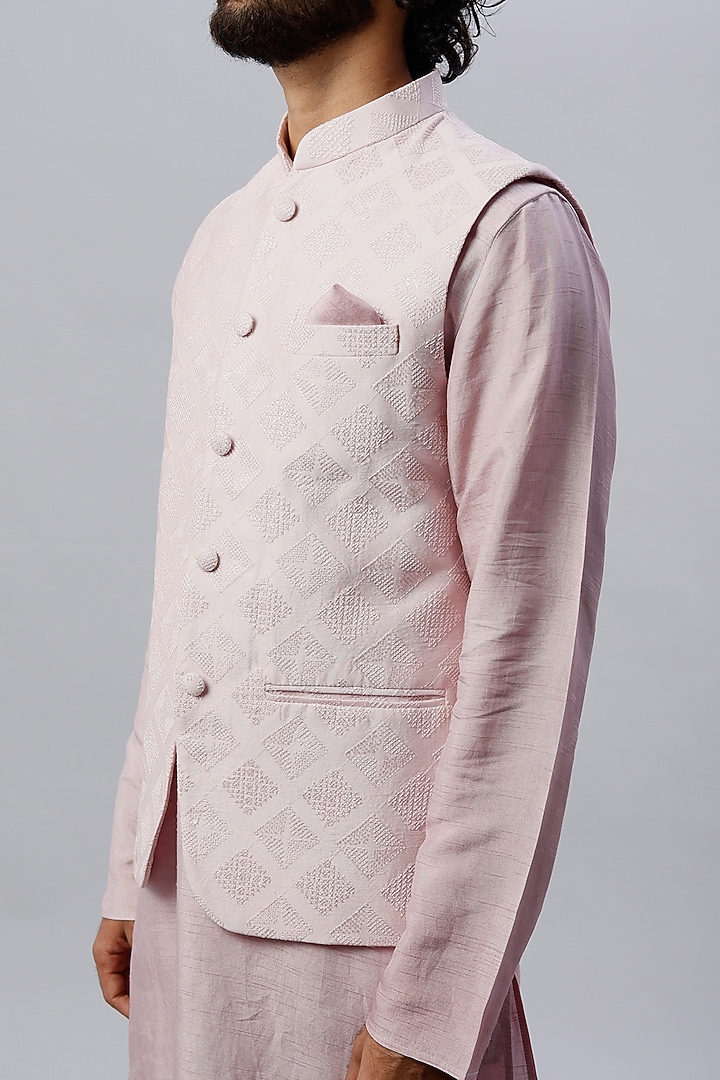 Powder Pink Spun Cotton Embroidered Nehru Jacket Set by ALOUKIK at Pernia's Pop Up Shop