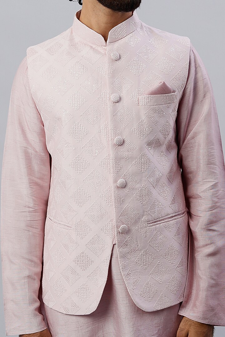 Powder Pink Spun Cotton Embroidered Nehru Jacket Set by ALOUKIK at Pernia's Pop Up Shop