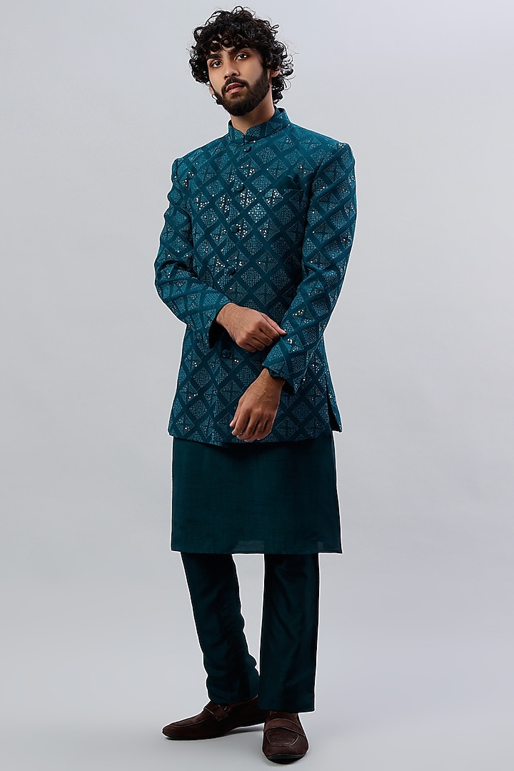 Teal Green Embroidered Bandhgala Jacket With Kurta Set by SAMMOHAN