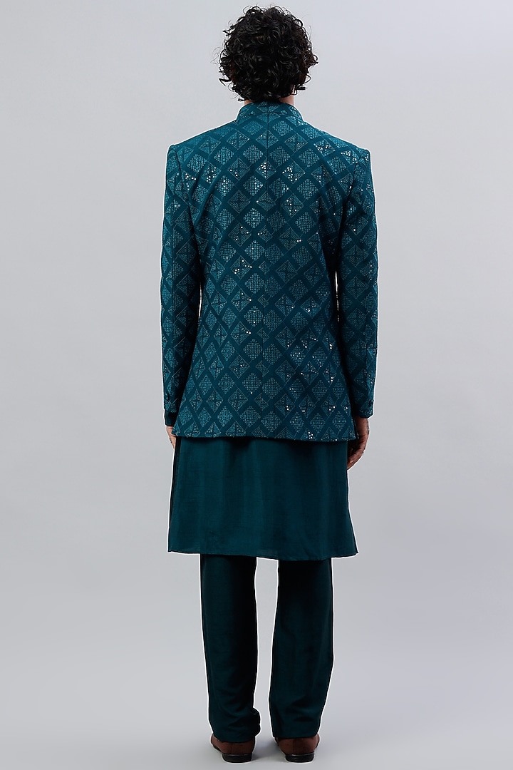 Teal Green Embroidered Wedding Bandhgala Jacket With Kurta Set by ALOUKIK at Pernia's Pop Up Shop