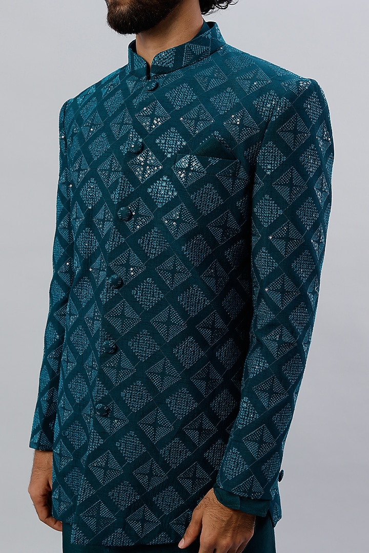 Teal Green Embroidered Wedding Bandhgala Jacket With Kurta Set by ALOUKIK at Pernia's Pop Up Shop