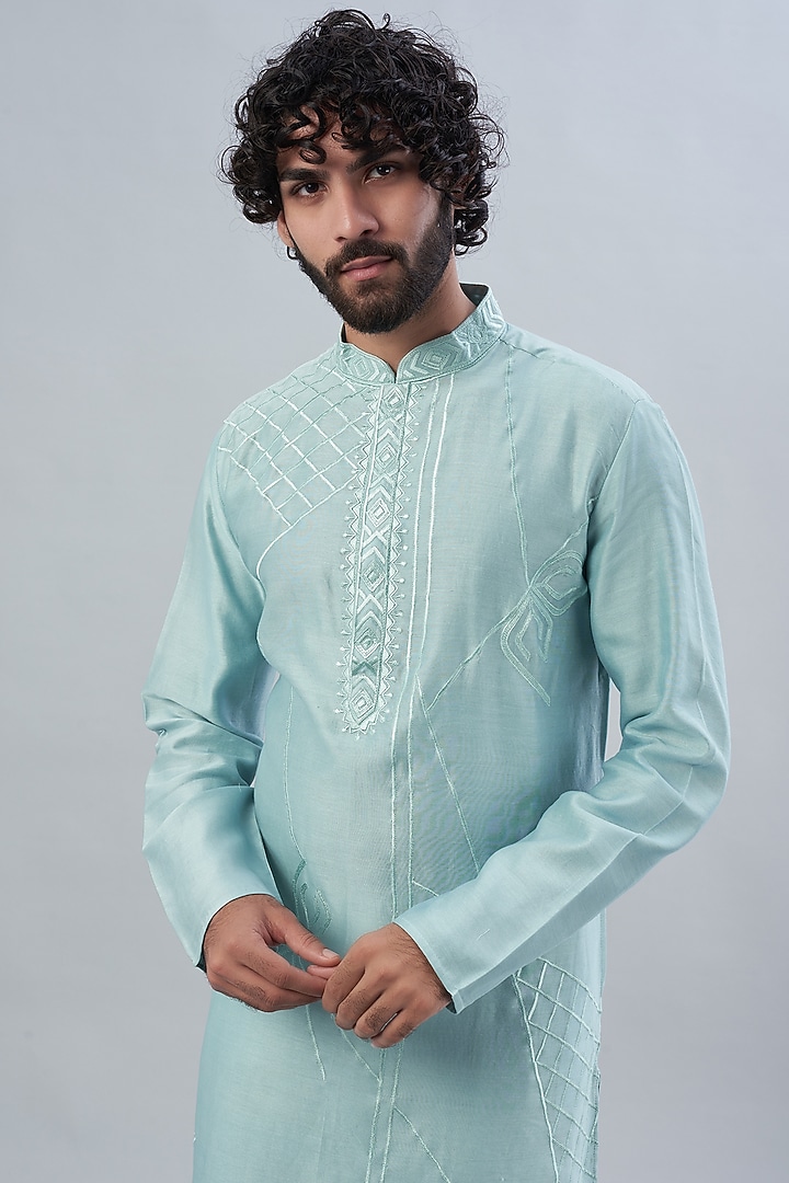 Powder Blue Embroidered Kurta Set by ALOUKIK at Pernia's Pop Up Shop