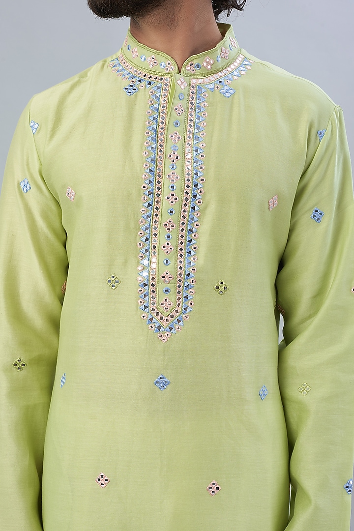 Mint Green Pure Chanderi Embroidered Kurta Set by ALOUKIK at Pernia's Pop Up Shop