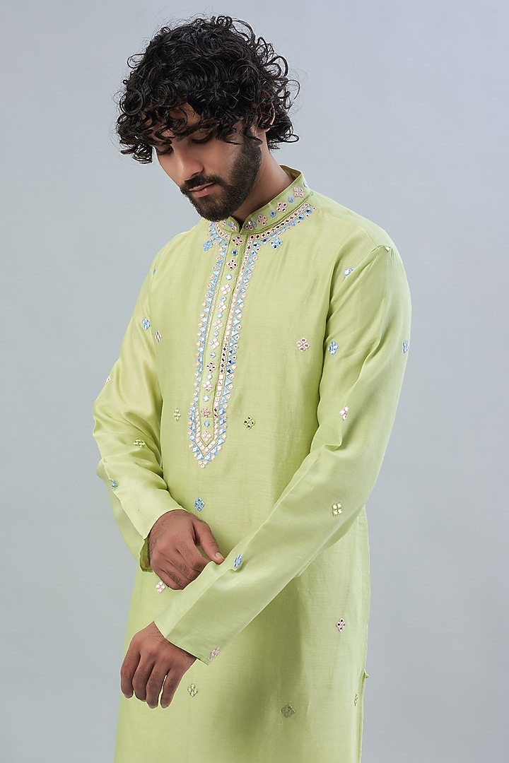 Mint Green Pure Chanderi Embroidered Kurta Set by ALOUKIK at Pernia's Pop Up Shop