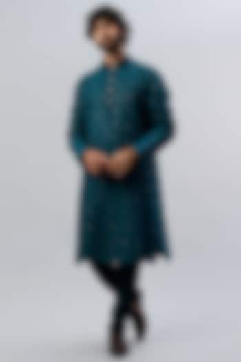 Teal Blue Embroidered Kurta Set by ALOUKIK at Pernia's Pop Up Shop