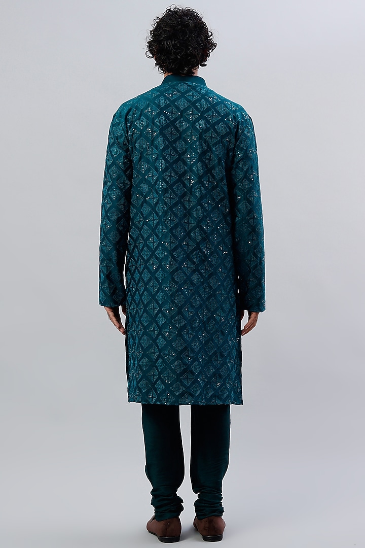Teal Blue Pure Chanderi Sequins Embroidered Kurta Set by ALOUKIK at Pernia's Pop Up Shop