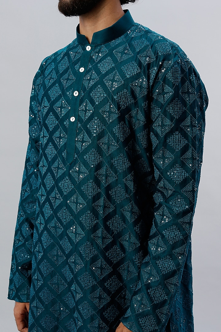 Teal Blue Pure Chanderi Sequins Embroidered Kurta Set by ALOUKIK at Pernia's Pop Up Shop