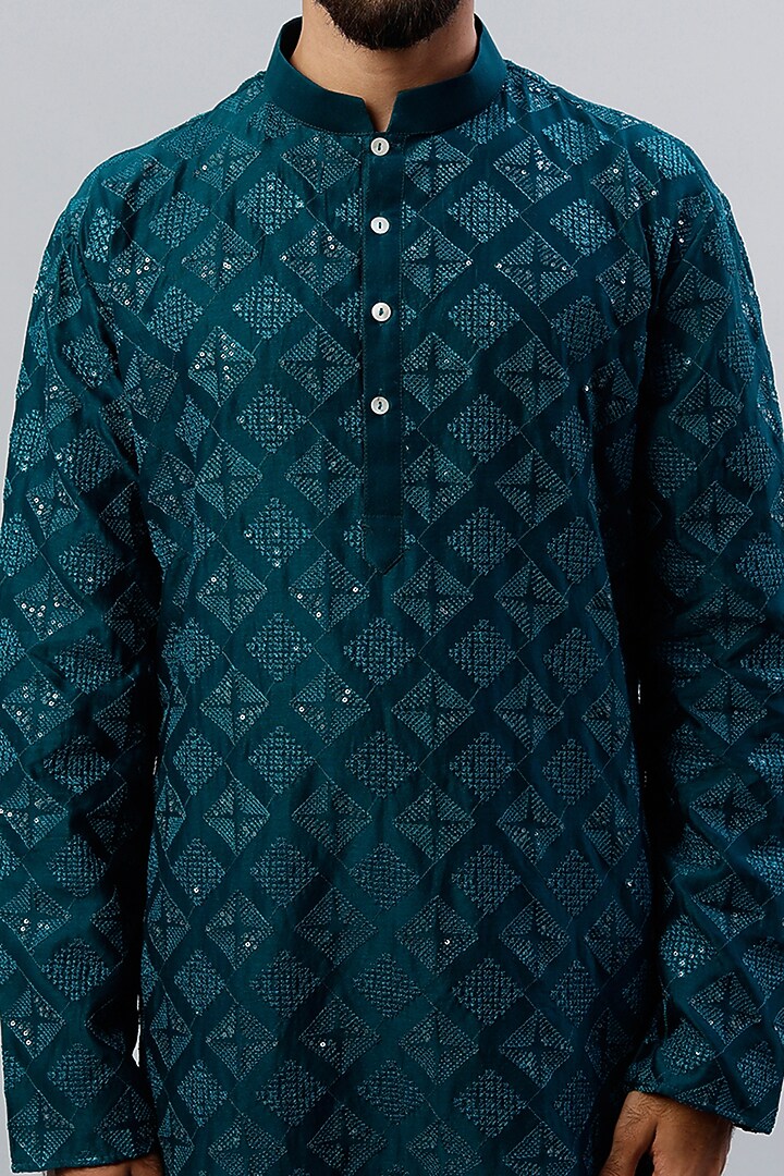 Teal Blue Pure Chanderi Sequins Embroidered Kurta Set by ALOUKIK at Pernia's Pop Up Shop