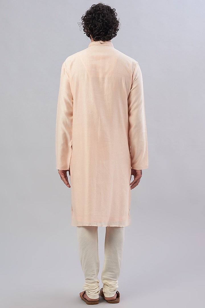 Peach Pure Chanderi Thread Embroidered Kurta Set by ALOUKIK at Pernia's Pop Up Shop