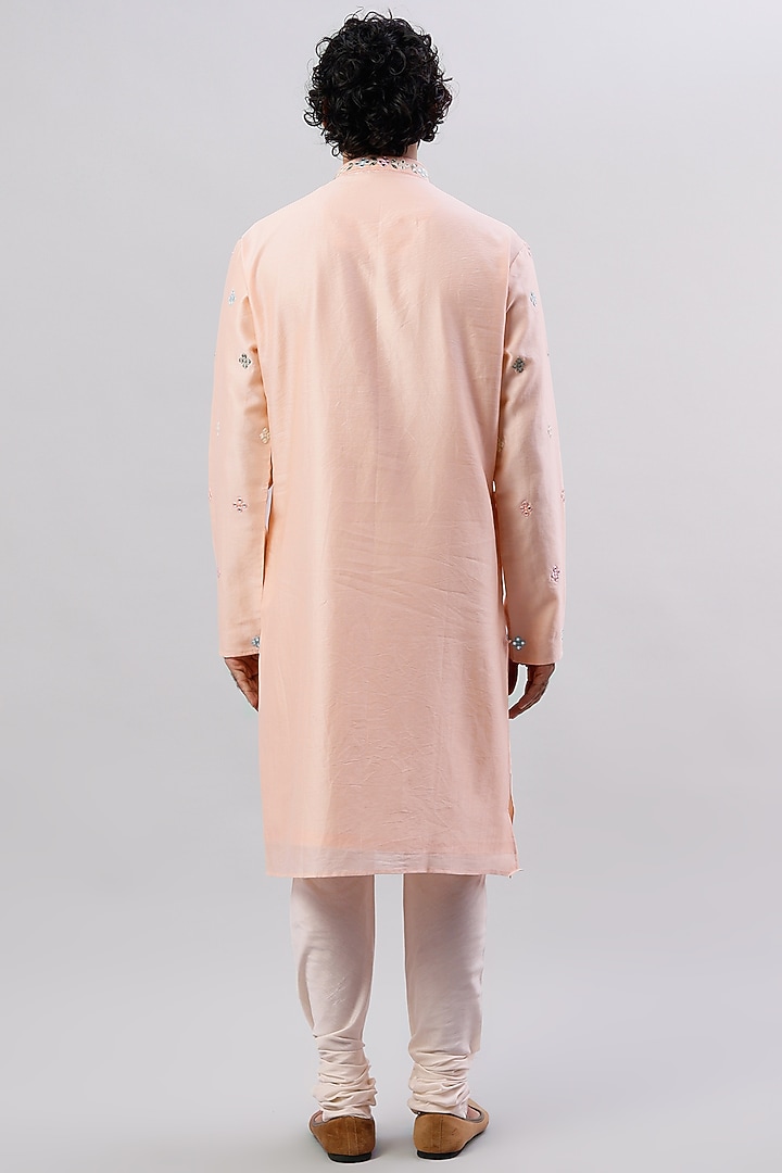Peach Pure Chanderi Mirror Embroidered Kurta Set by ALOUKIK at Pernia's Pop Up Shop