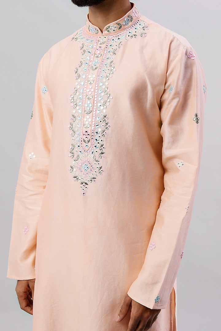 Peach Pure Chanderi Mirror Embroidered Kurta Set by ALOUKIK at Pernia's Pop Up Shop