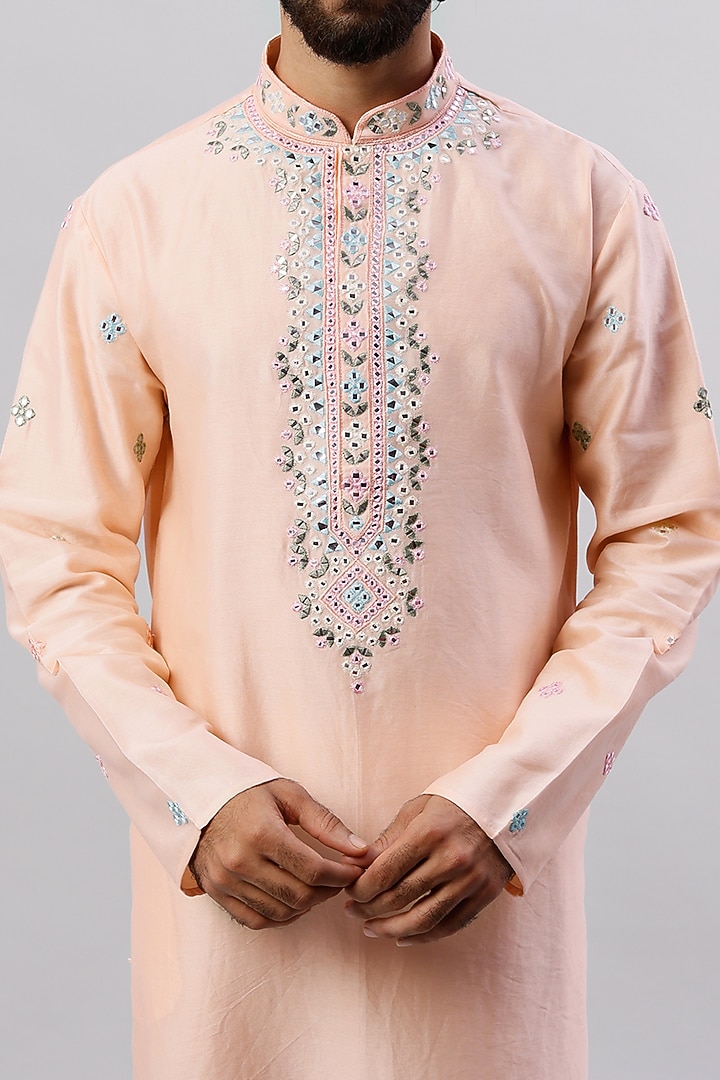 Peach Pure Chanderi Mirror Embroidered Kurta Set by ALOUKIK at Pernia's Pop Up Shop