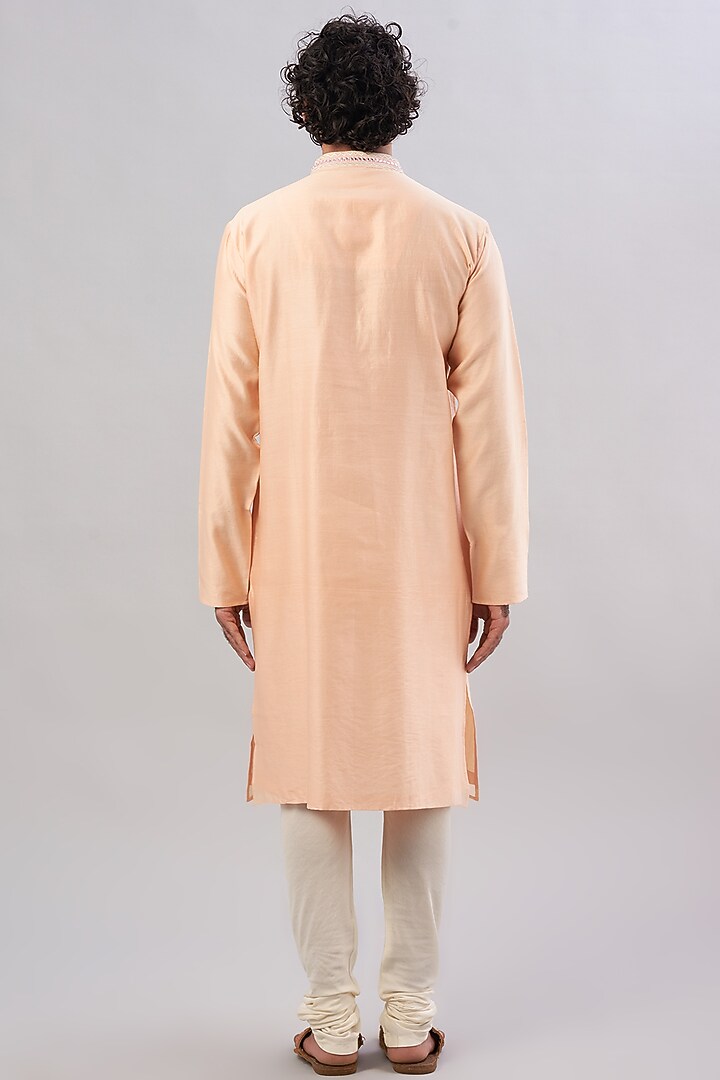 Peach Pure Chanderi Mirror Embroidered Kurta Set by ALOUKIK at Pernia's Pop Up Shop