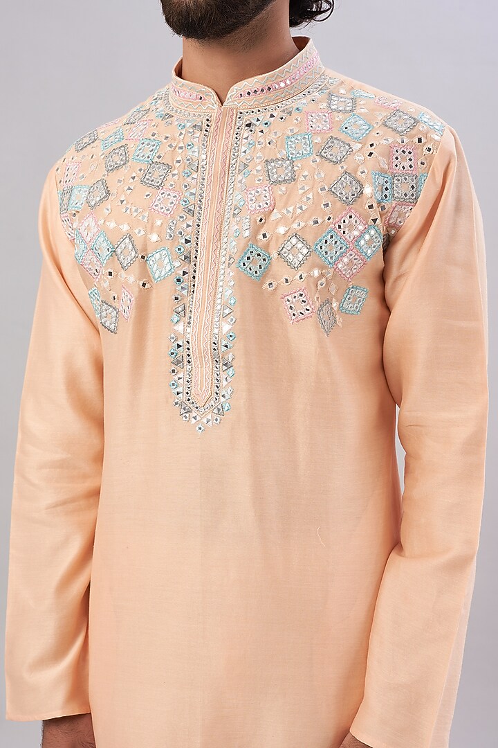 Peach Pure Chanderi Mirror Embroidered Kurta Set by ALOUKIK at Pernia's Pop Up Shop