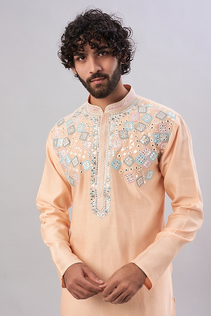 Peach Pure Chanderi Mirror Embroidered Kurta Set by ALOUKIK at Pernia's Pop Up Shop