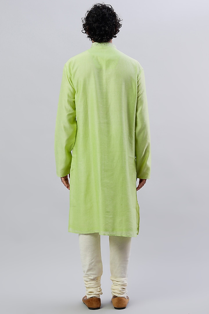 Mint Green Pure Chanderi Machine Embroidered Kurta Set by ALOUKIK at Pernia's Pop Up Shop