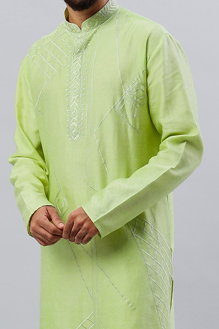 Mint Green Pure Chanderi Machine Embroidered Kurta Set by ALOUKIK at Pernia's Pop Up Shop