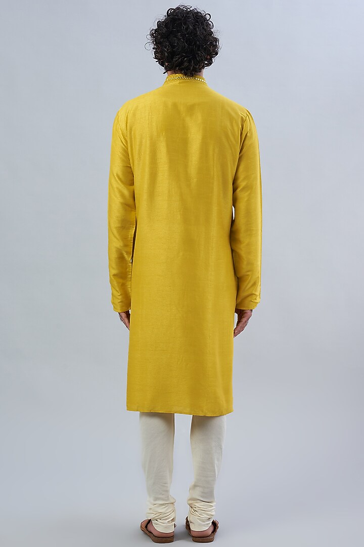 Yellow Pure Chanderi Mirror Embroidered Kurta Set by ALOUKIK at Pernia's Pop Up Shop