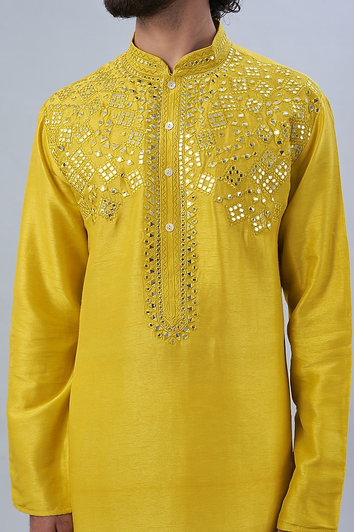 Yellow Pure Chanderi Mirror Embroidered Kurta Set by ALOUKIK at Pernia's Pop Up Shop