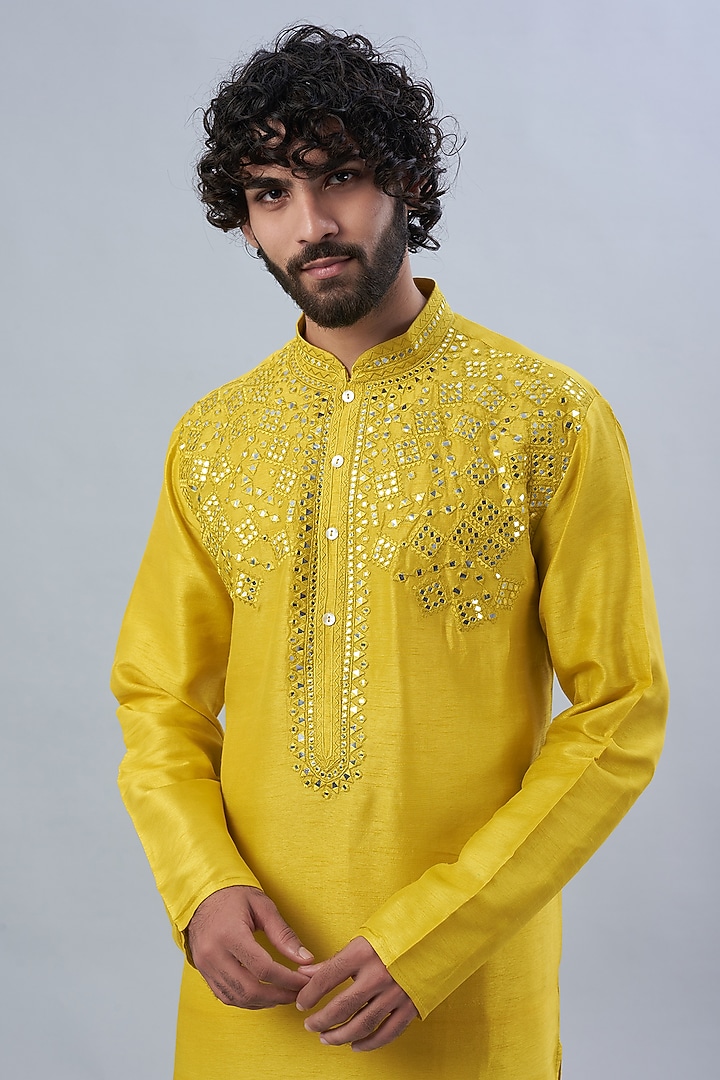 Yellow Pure Chanderi Mirror Embroidered Kurta Set by ALOUKIK at Pernia's Pop Up Shop