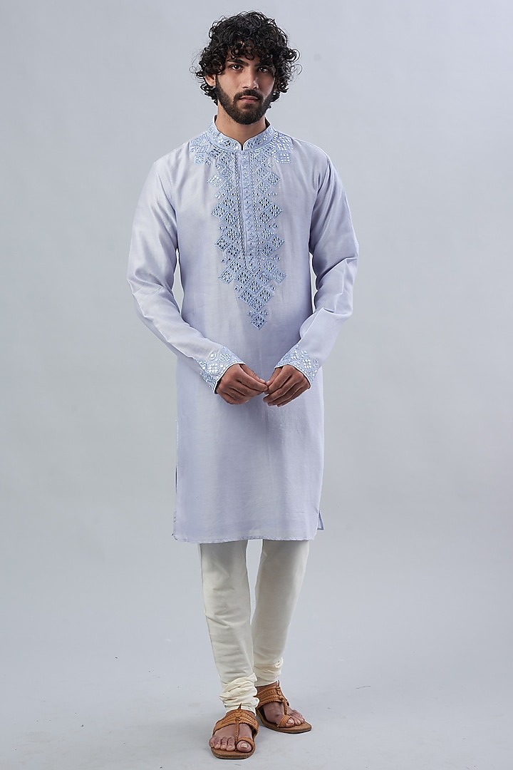 Powder Blue Viscose Silk Kurta Set by ALOUKIK at Pernia's Pop Up Shop