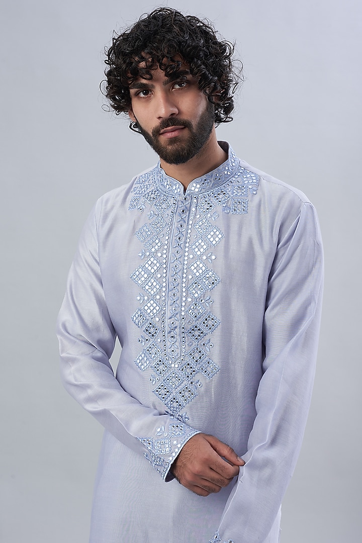 Powder Blue Viscose Silk Kurta Set by ALOUKIK at Pernia's Pop Up Shop