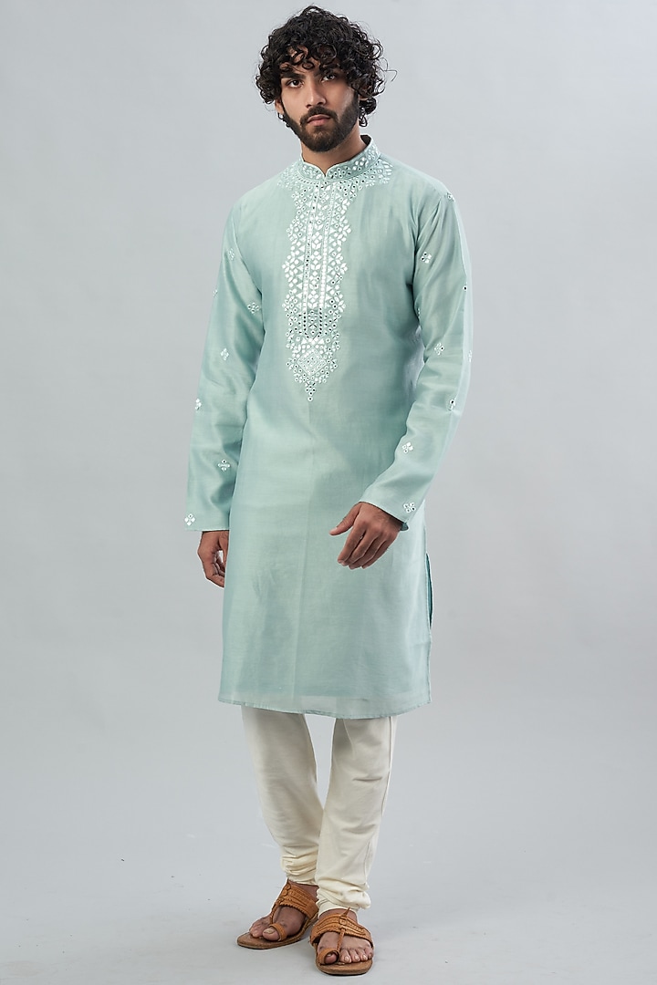 Powder Blue Viscose Silk Kurta Set by ALOUKIK at Pernia's Pop Up Shop