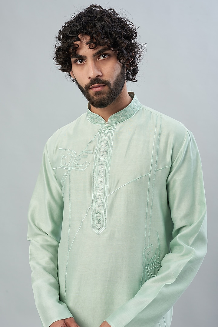 Mint Green Chanderi Kurta Set by ALOUKIK at Pernia's Pop Up Shop