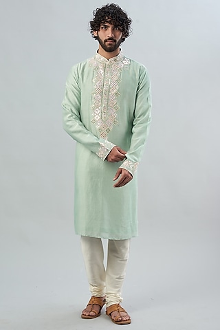 Mint Green Pure Chanderi Machine Embroidered Kurta Set
 by ALOUKIK