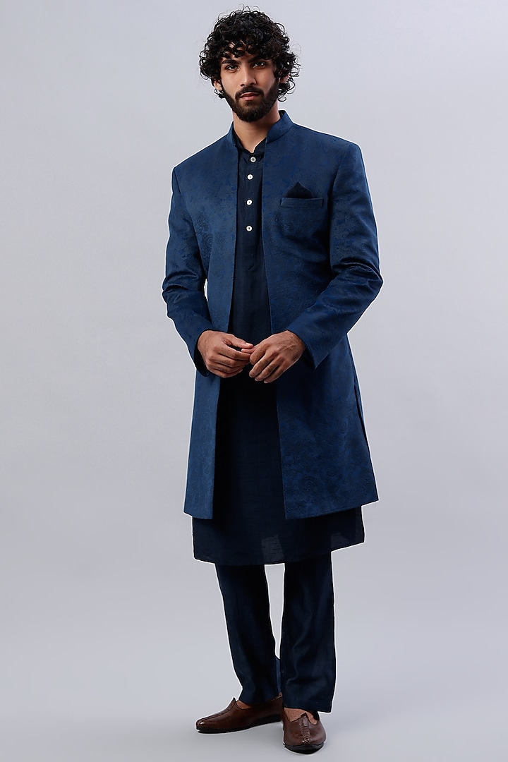 Navy Blue Embroidered Indo-Western Set by SAMMOHAN