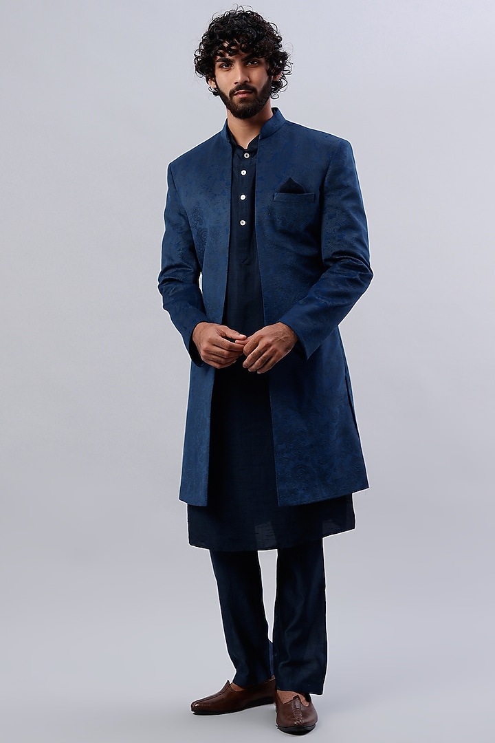 Navy Blue Embroidered Indo-Western Set by ALOUKIK at Pernia's Pop Up Shop