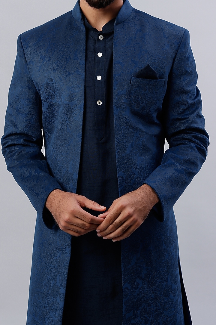 Navy Blue Embroidered Indo-Western Set by ALOUKIK at Pernia's Pop Up Shop