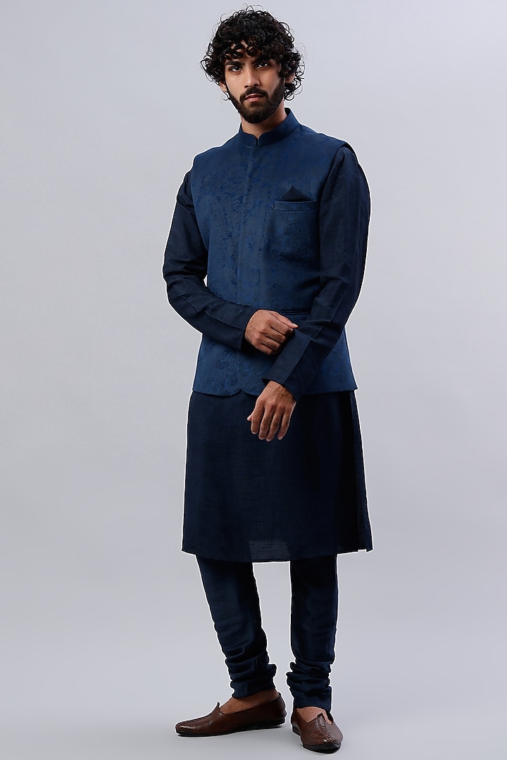 Navy Blue Cotton Nehru Jacket With Kurta Set by SAMMOHAN