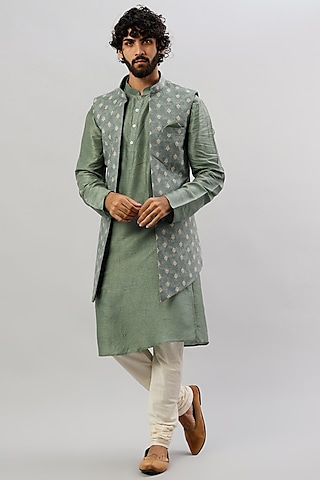 Dull Mint Green Viscose Silk Indowestern Set by ALOUKIK