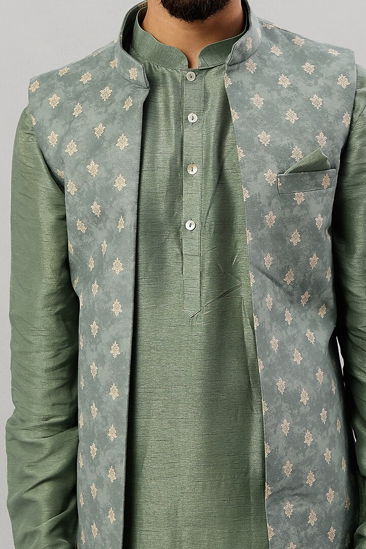 Dull Mint Green Viscose Silk Indowestern Set by ALOUKIK at Pernia's Pop Up Shop