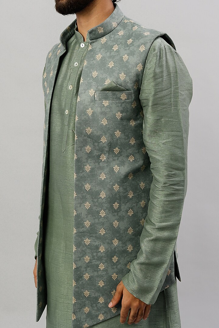 Dull Mint Green Viscose Silk Indowestern Set by ALOUKIK at Pernia's Pop Up Shop