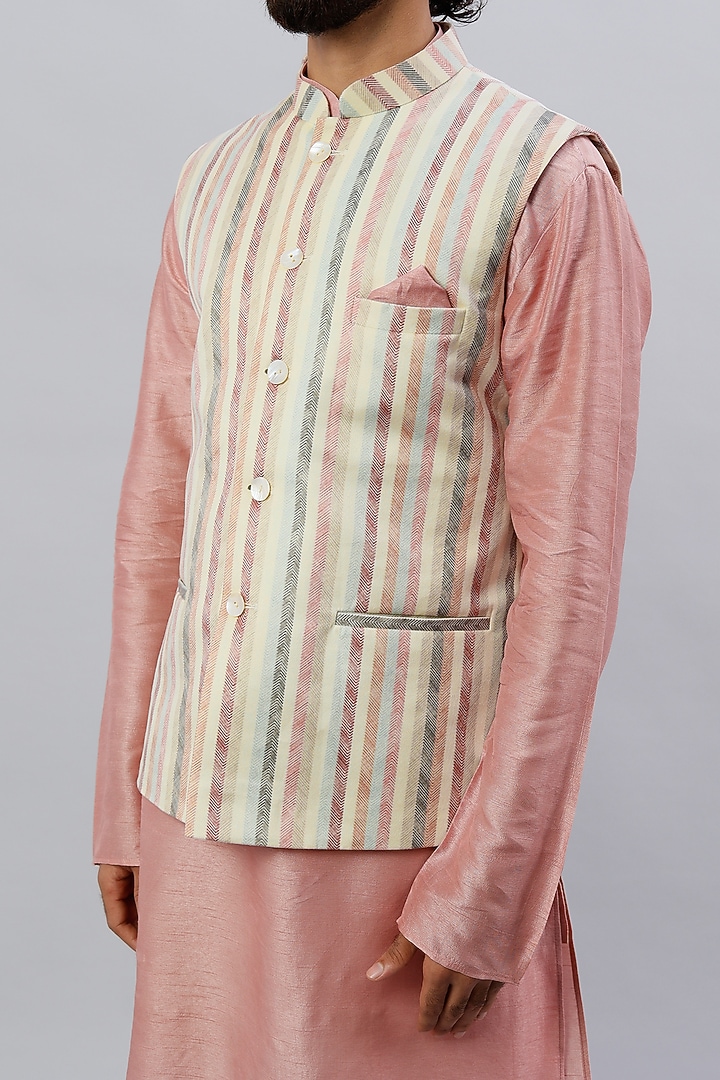 Off-White Velvet & Viscose Silk Digital Printed Nehru Jacket Set by ALOUKIK at Pernia's Pop Up Shop