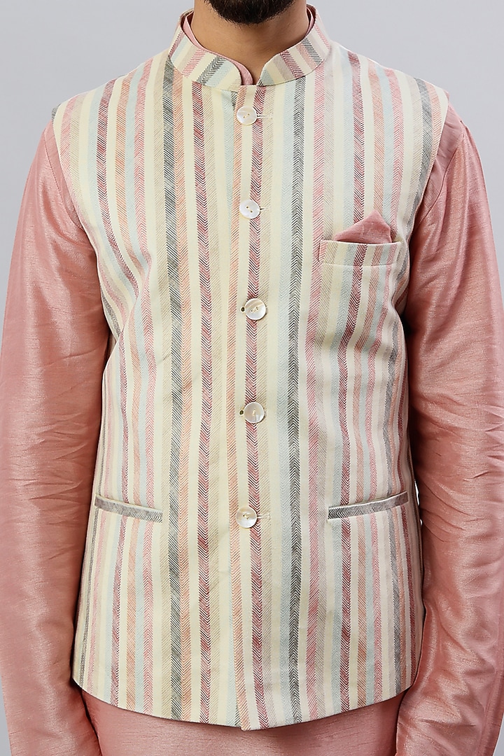 Off-White Velvet & Viscose Silk Digital Printed Nehru Jacket Set by ALOUKIK at Pernia's Pop Up Shop