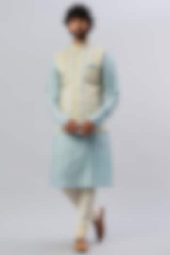 Off-White Velvet Printed Nehru Jacket With Kurta Set by SAMMOHAN