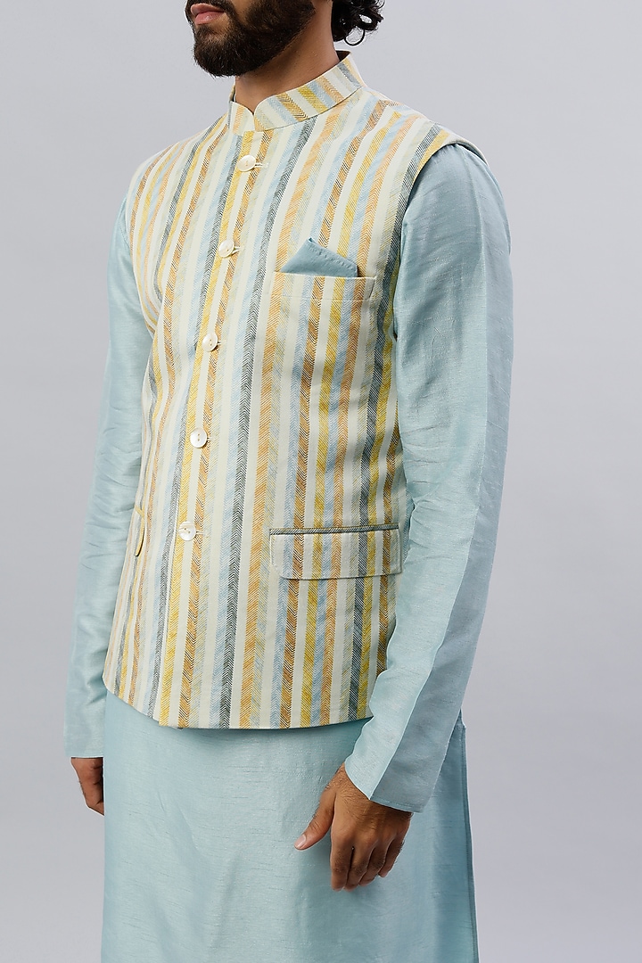 Off-White Viscose Silk & Velvet Digital Printed Nehru Jacket Set by ALOUKIK at Pernia's Pop Up Shop