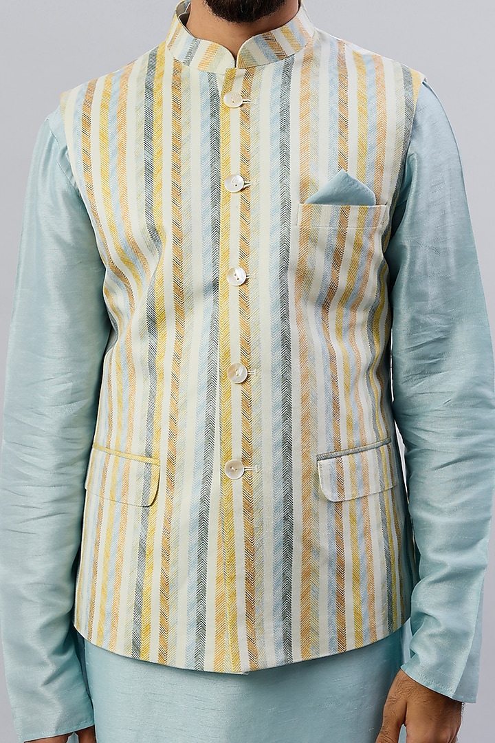 Off-White Viscose Silk & Velvet Digital Printed Nehru Jacket Set by ALOUKIK at Pernia's Pop Up Shop