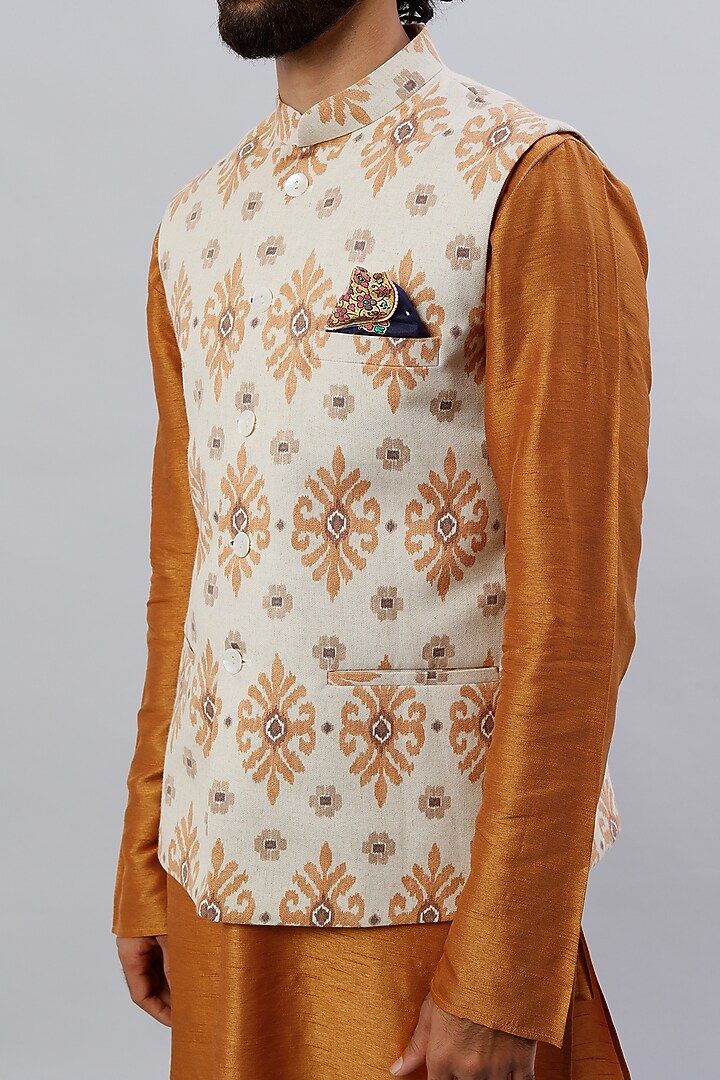 Off-White Viscose Linen Floral Printed Nehru Jacket Set by ALOUKIK at Pernia's Pop Up Shop