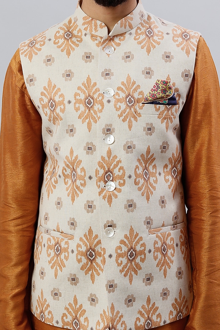 Off-White Viscose Linen Floral Printed Nehru Jacket Set by ALOUKIK at Pernia's Pop Up Shop