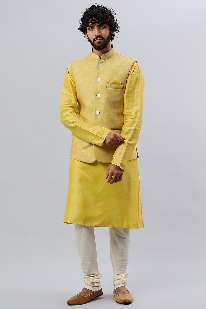 Yellow Printed Nehru Jacket With Kurta Set by SAMMOHAN