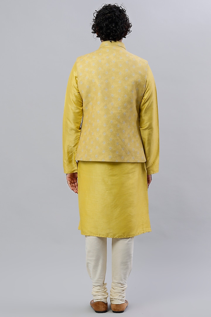 Yellow Velvet Digital Printed Nehru Jacket Set by ALOUKIK at Pernia's Pop Up Shop
